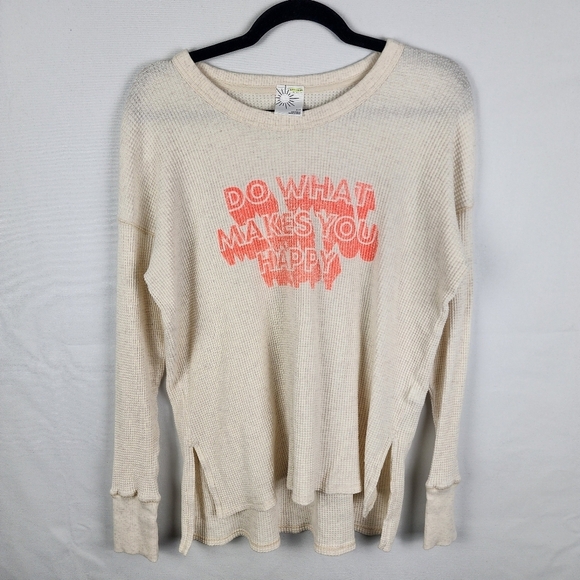 Aerie Oversized Long Sleeve Waffle Knit Offline Do What Makes You Happy Tee Sz S - Picture 1 of 6